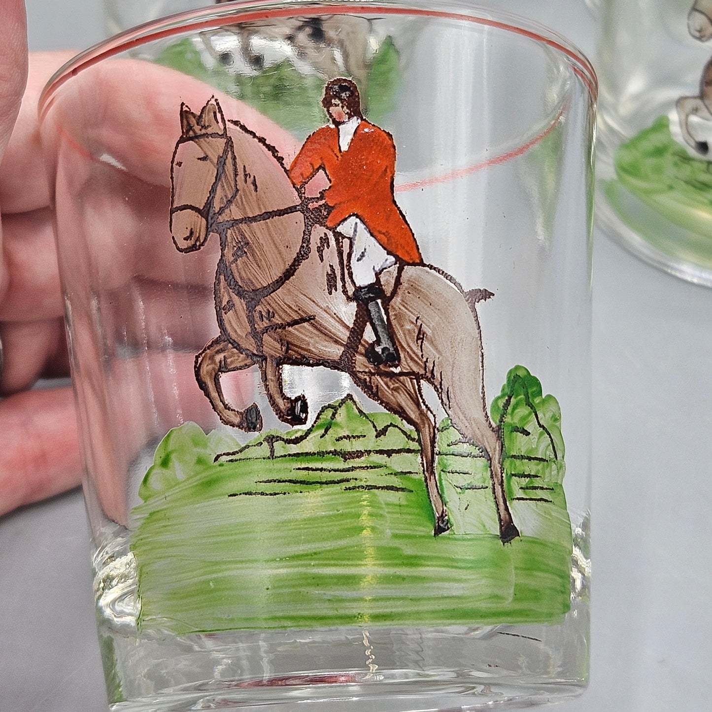 Set of 7 Handpainted Fox Hunting Old Fashioned Glasses