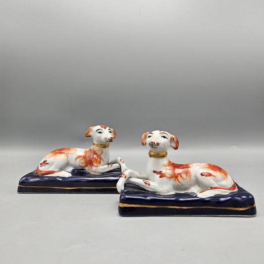 Pair of Staffordshire Style English Greyhound Dog Figurines on Pillows