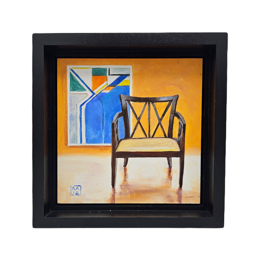 Signed Oil on Board Painting - Modern Art and Chair