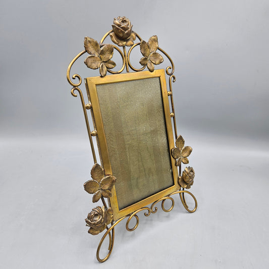 Antique Art Nouveau Brass Picture Frame with Roses