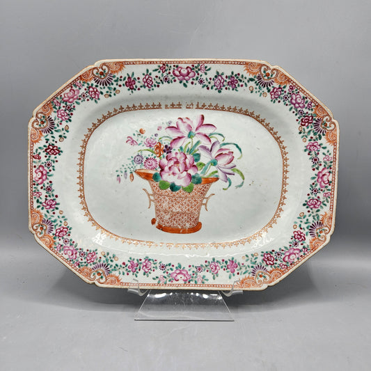 Antique Chinese Export Porcelain  Famille Rose Platter with Basket of Flowers Design