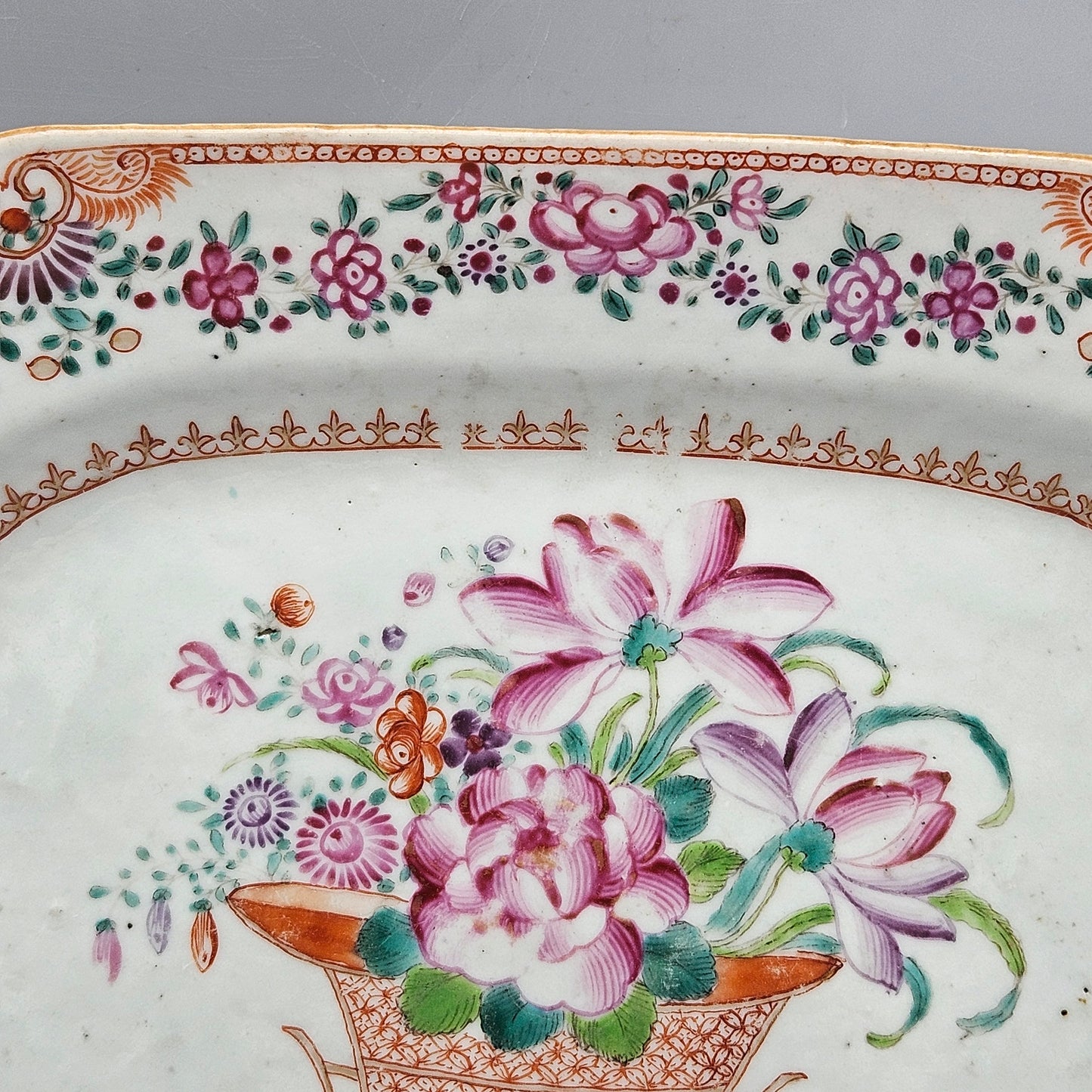 Antique Chinese Export Porcelain  Famille Rose Platter with Basket of Flowers Design