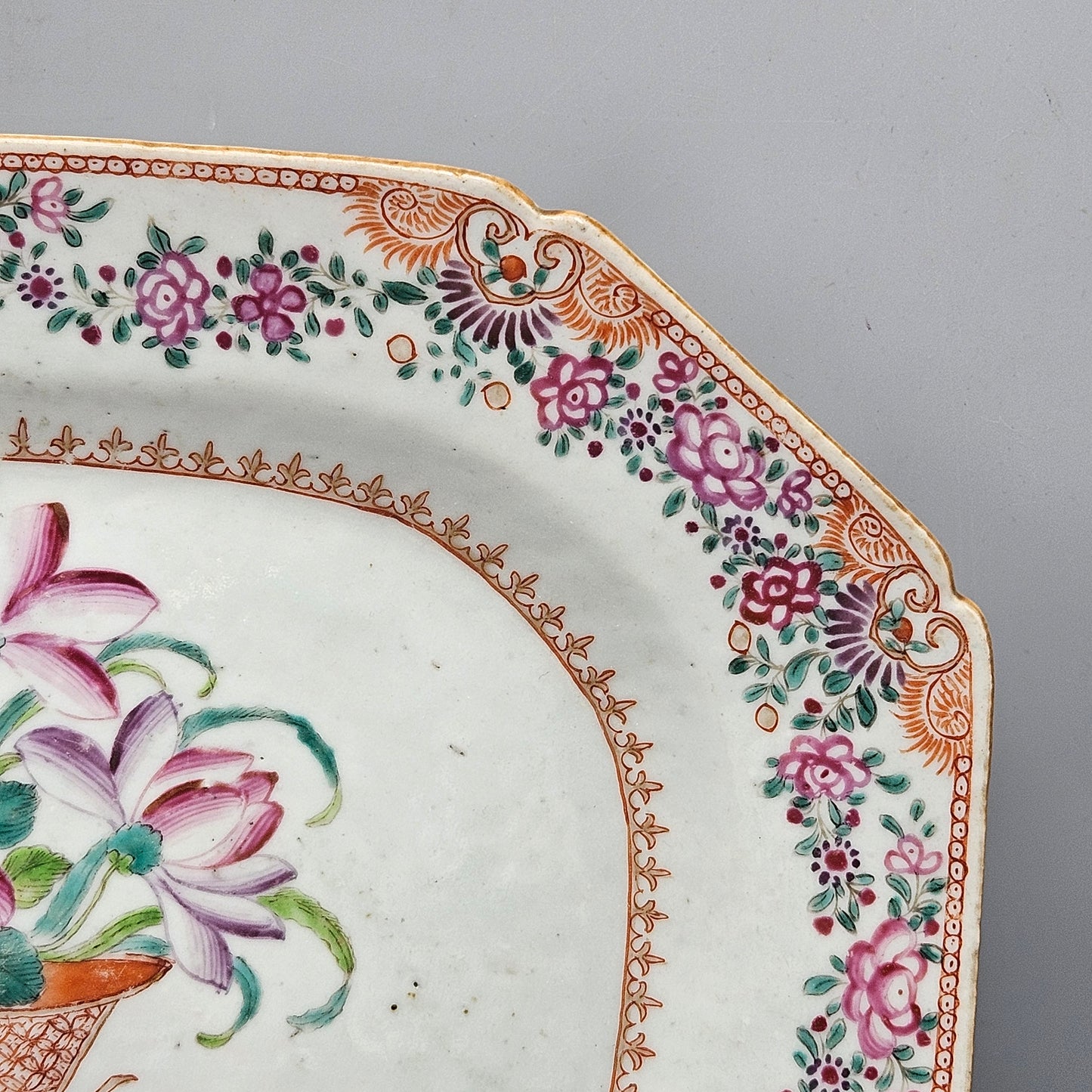 Antique Chinese Export Porcelain  Famille Rose Platter with Basket of Flowers Design