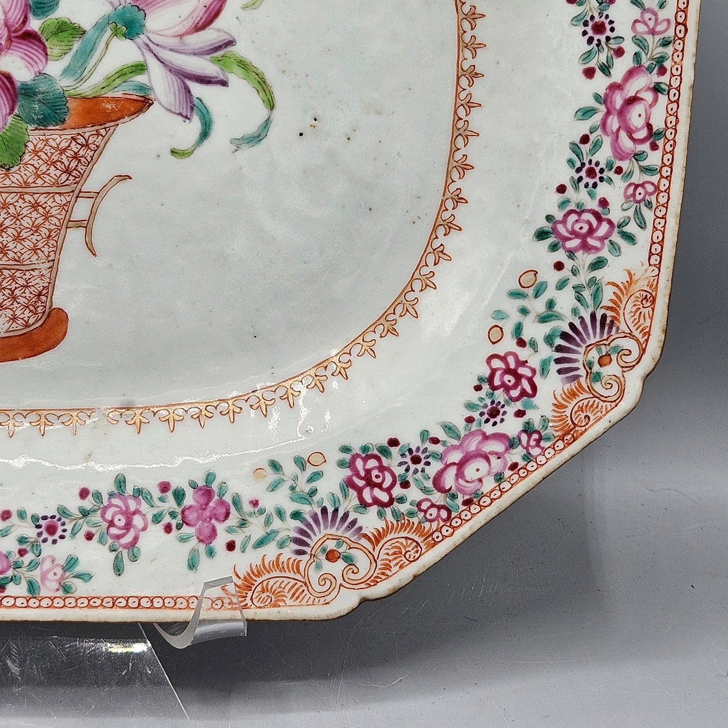 Antique Chinese Export Porcelain  Famille Rose Platter with Basket of Flowers Design