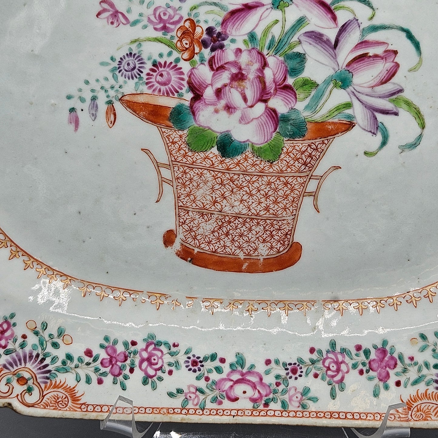 Antique Chinese Export Porcelain  Famille Rose Platter with Basket of Flowers Design