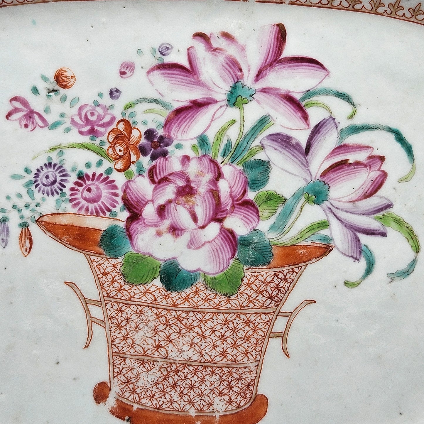 Antique Chinese Export Porcelain  Famille Rose Platter with Basket of Flowers Design