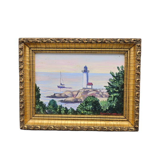 Vintage Signed and Framed Maine Painting of Lighthouse