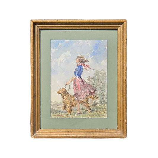 John Weston Gough (1929-2019) Watercolor Painting of Woman and Golden Retriever Dog