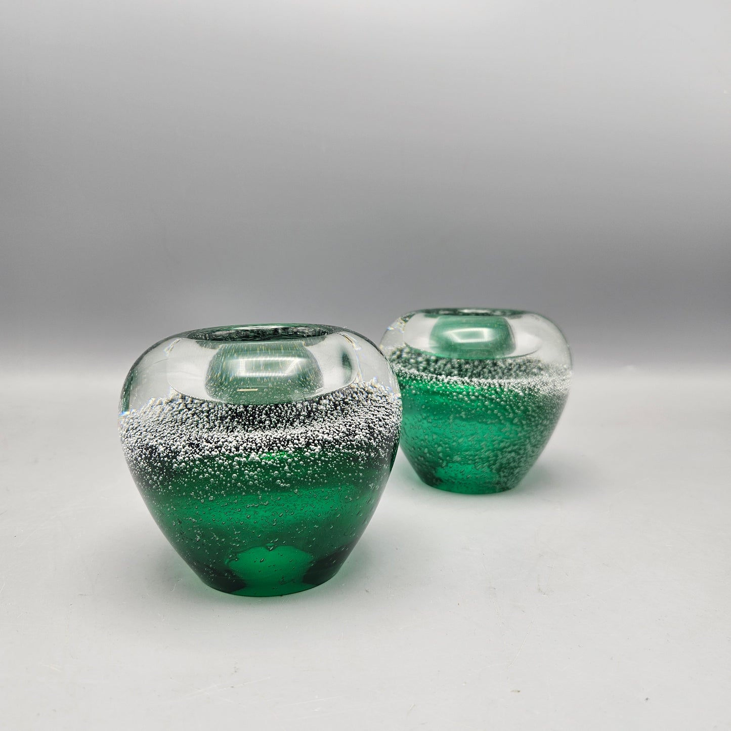 Pair Green & Crystal Art Glass Votive Candle Holders