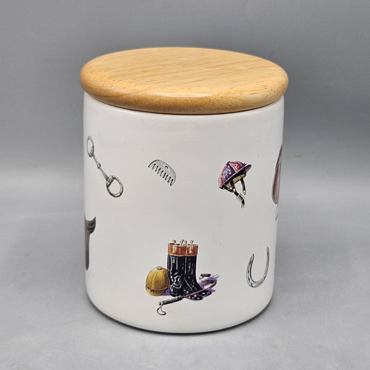 Vintage Equestrian Themed Ceramic Canister with Wooden Lid by The Huntsman