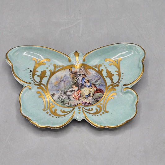 French Porcelain Butterfly Dish with Courting Scene & Sevres Style Mark