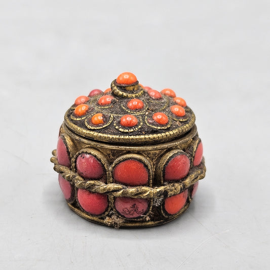 Nepalese Brass Box with Coral Glass Jewels