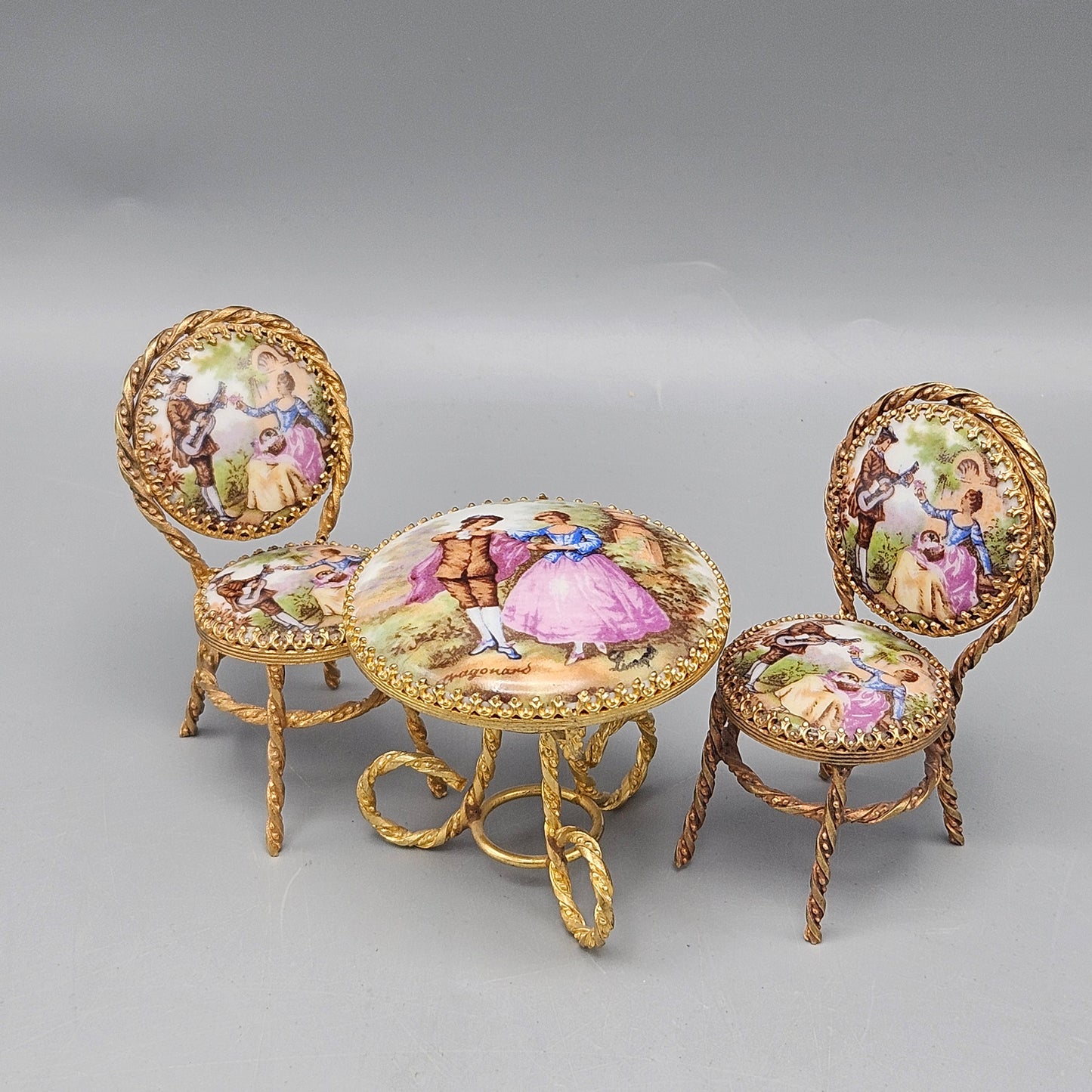 Three Piece Miniature Furniture Suite with Romantic Porcelain Plaques & Gilt Wire