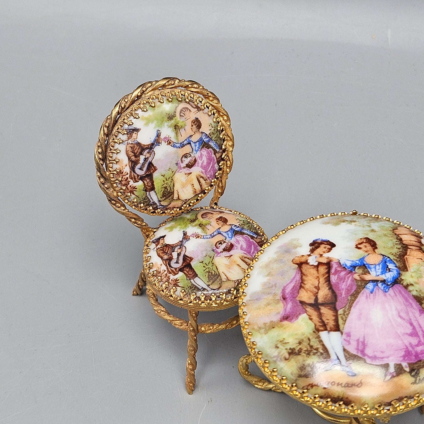 Three Piece Miniature Furniture Suite with Romantic Porcelain Plaques & Gilt Wire