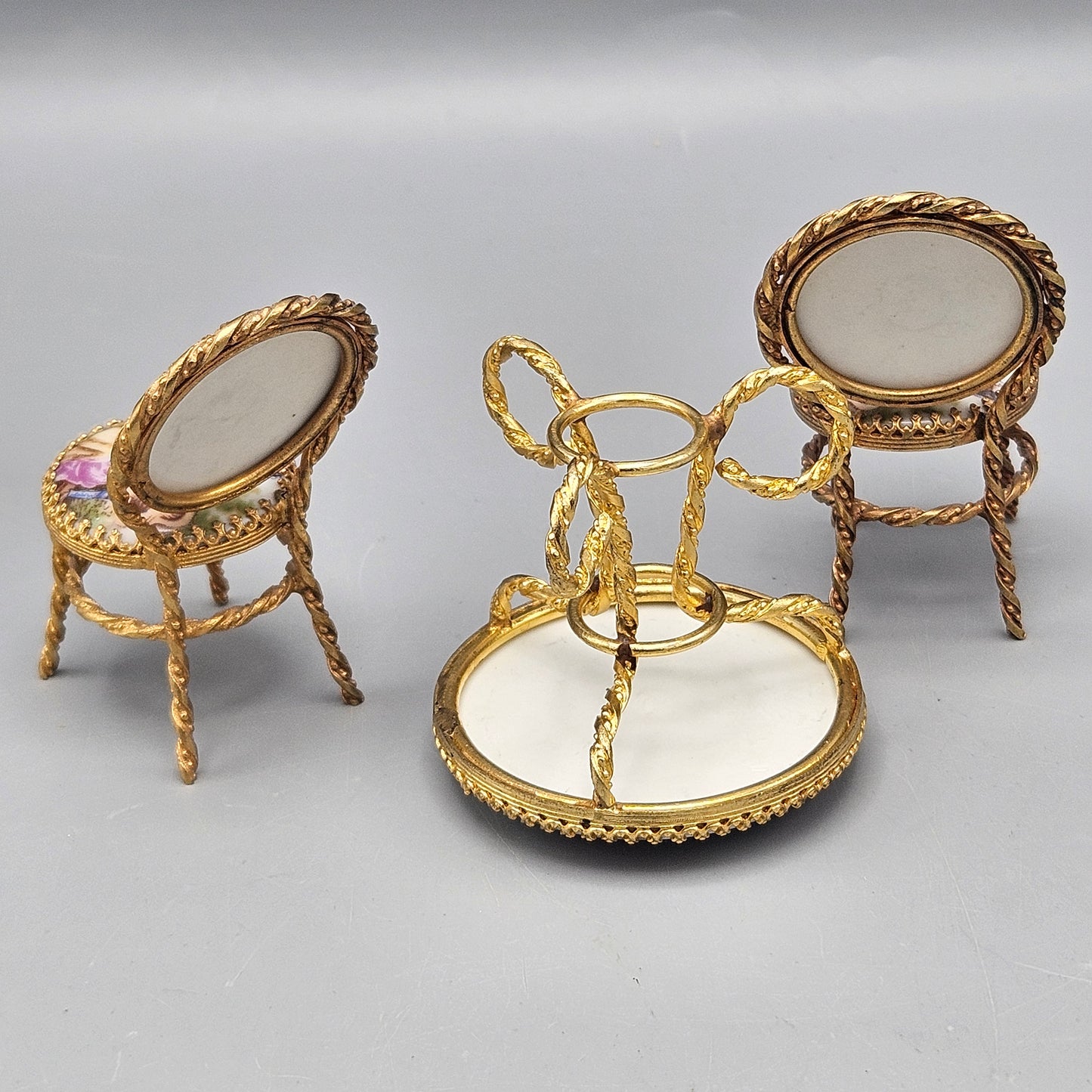 Three Piece Miniature Furniture Suite with Romantic Porcelain Plaques & Gilt Wire