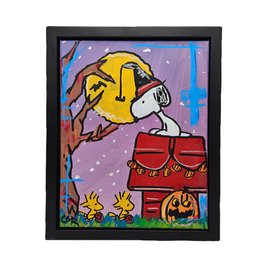 Signed Halloween Snoopy and Woodstock Acrylic on Canvas Painting Artwork