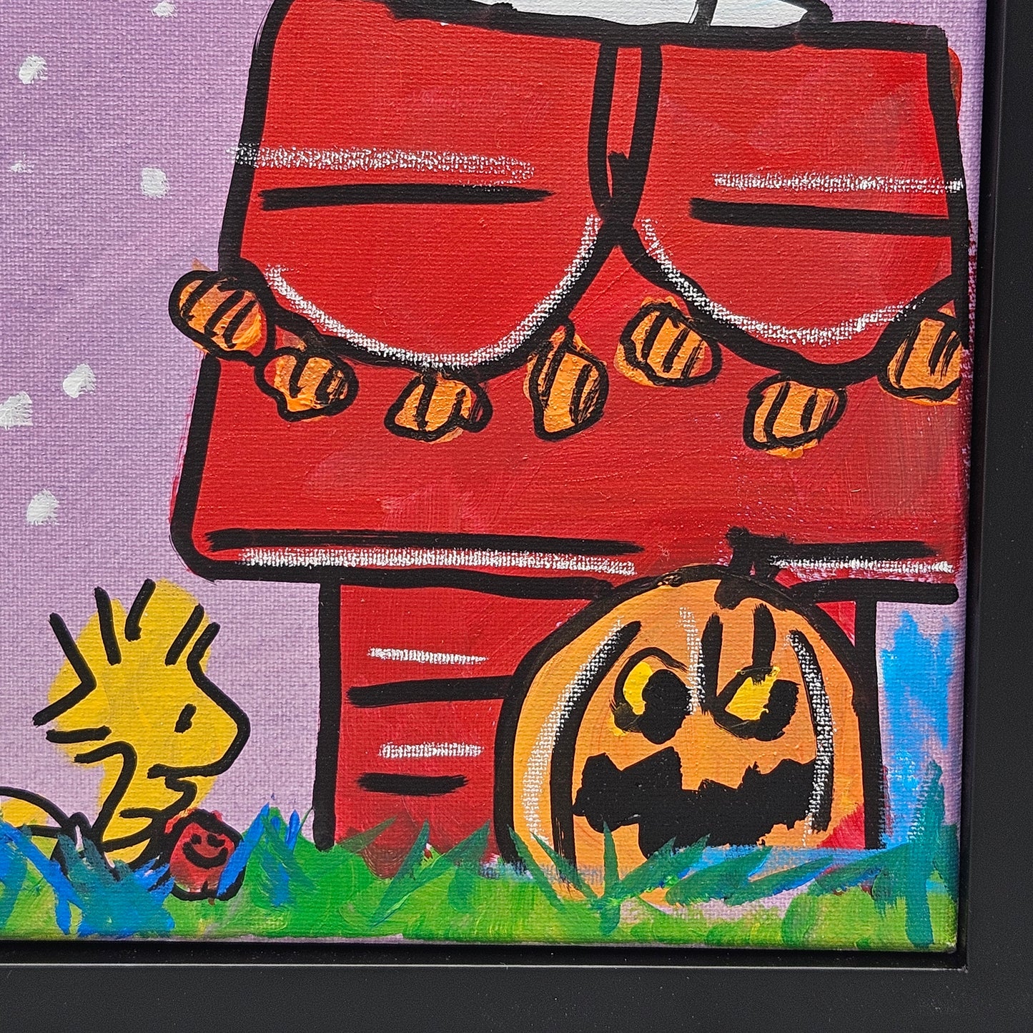 Signed Halloween Snoopy and Woodstock Acrylic on Canvas Painting Artwork