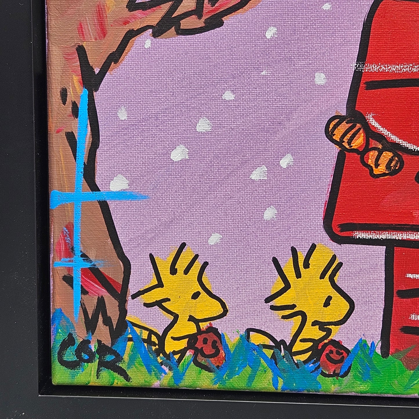 Signed Halloween Snoopy and Woodstock Acrylic on Canvas Painting Artwork