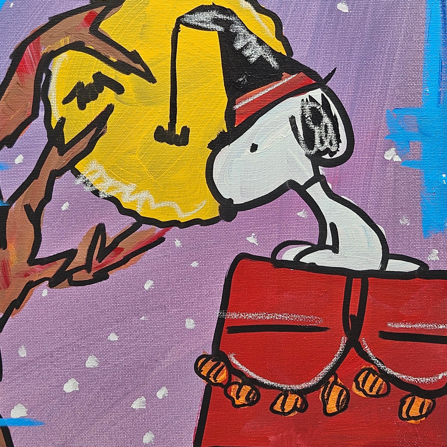 Signed Halloween Snoopy and Woodstock Acrylic on Canvas Painting Artwork