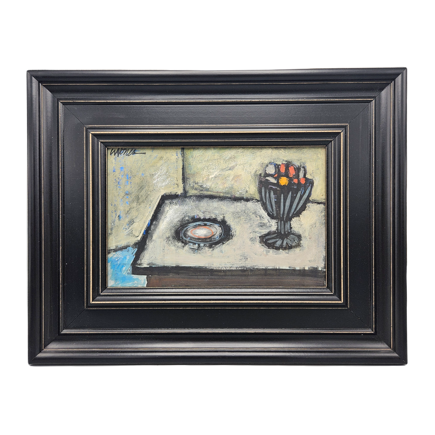 Original Signed Oil on Board Painting of Still Life in Black Frame - MCM Modern