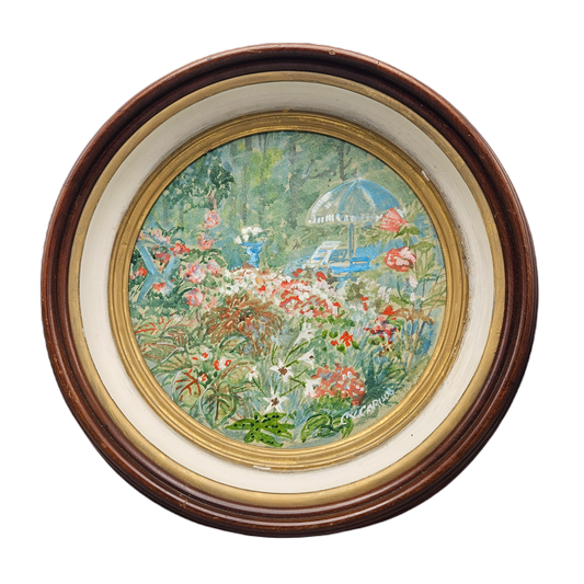 Signed Charles Carlson Oil on Board Painting Flowers in Round Wooden Frame