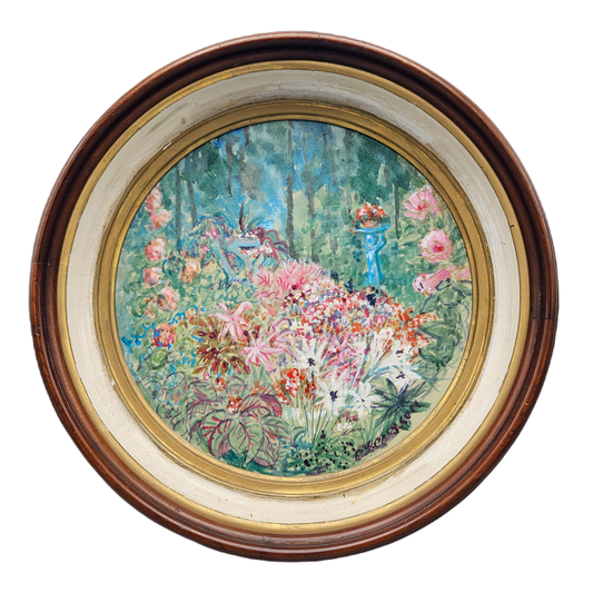 Signed Charles Carlson Oil on Board Painting Flowers in Round Wooden Frame