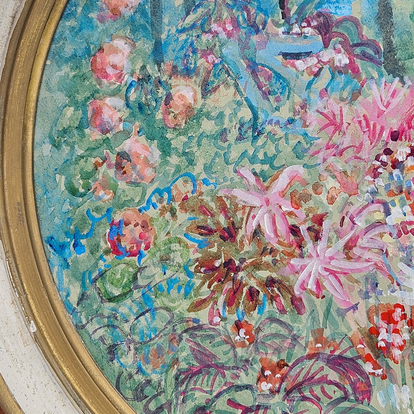 Signed Charles Carlson Oil on Board Painting Flowers in Round Wooden Frame