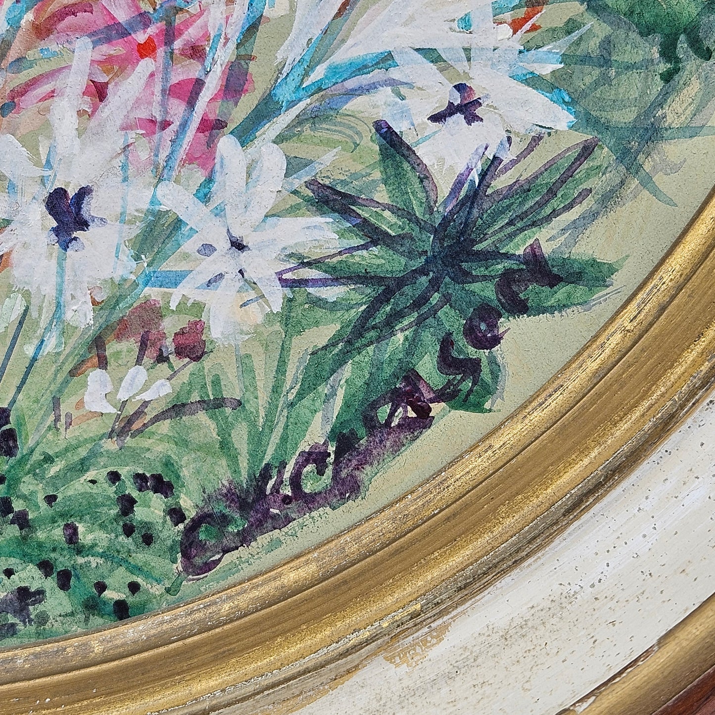 Signed Charles Carlson Oil on Board Painting Flowers in Round Wooden Frame