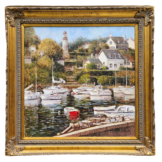 Signed Oil on Canvas Painting of Harbor Scene in Ornate Gold Frame