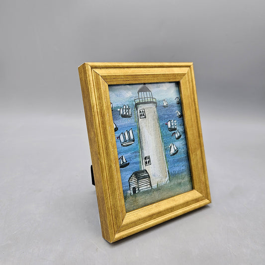 New England Folk Art Giclée of Lighthouse in Gold Frame