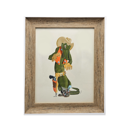 John Laughlin Gouache on Artist Board Cowboy Alligator Framed Original Artwork Illustration