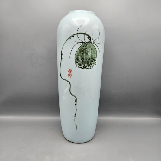 Signed Chinese Porcelain Vase with Lotus Seed Head