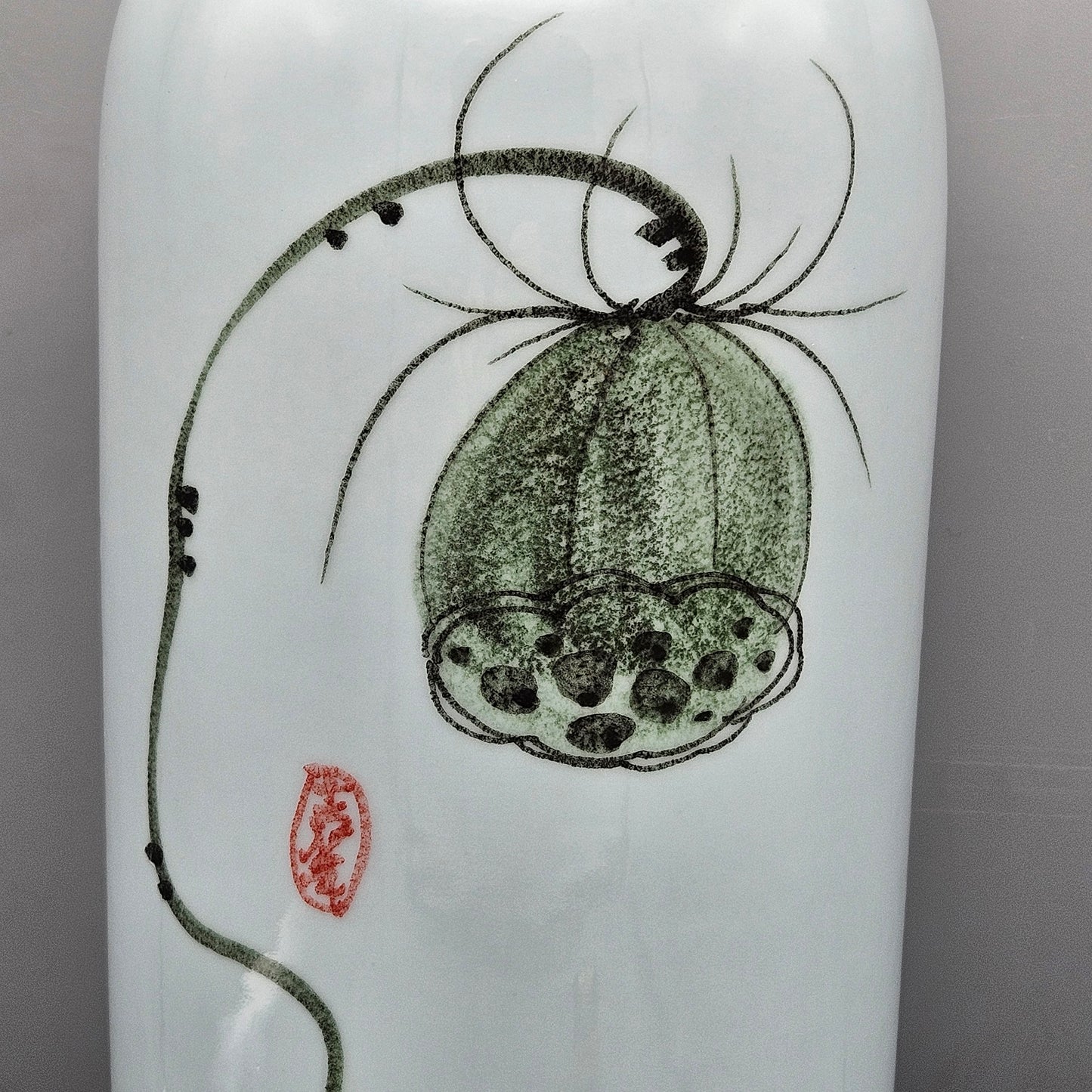 Signed Chinese Porcelain Vase with Lotus Seed Head