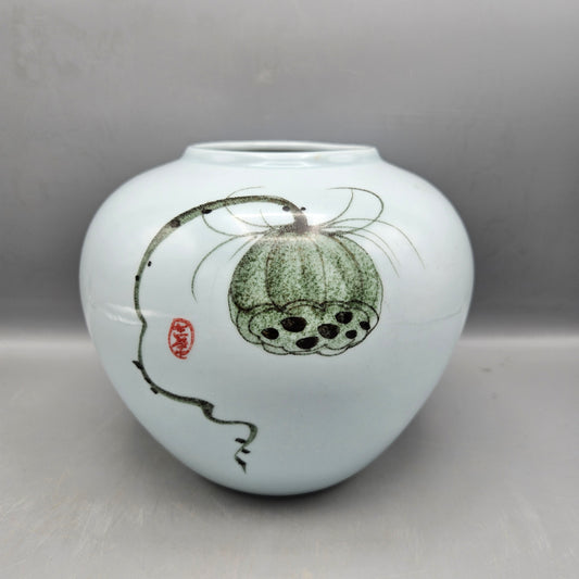 Signed Chinese Porcelain Vase with Lotus Seed Head