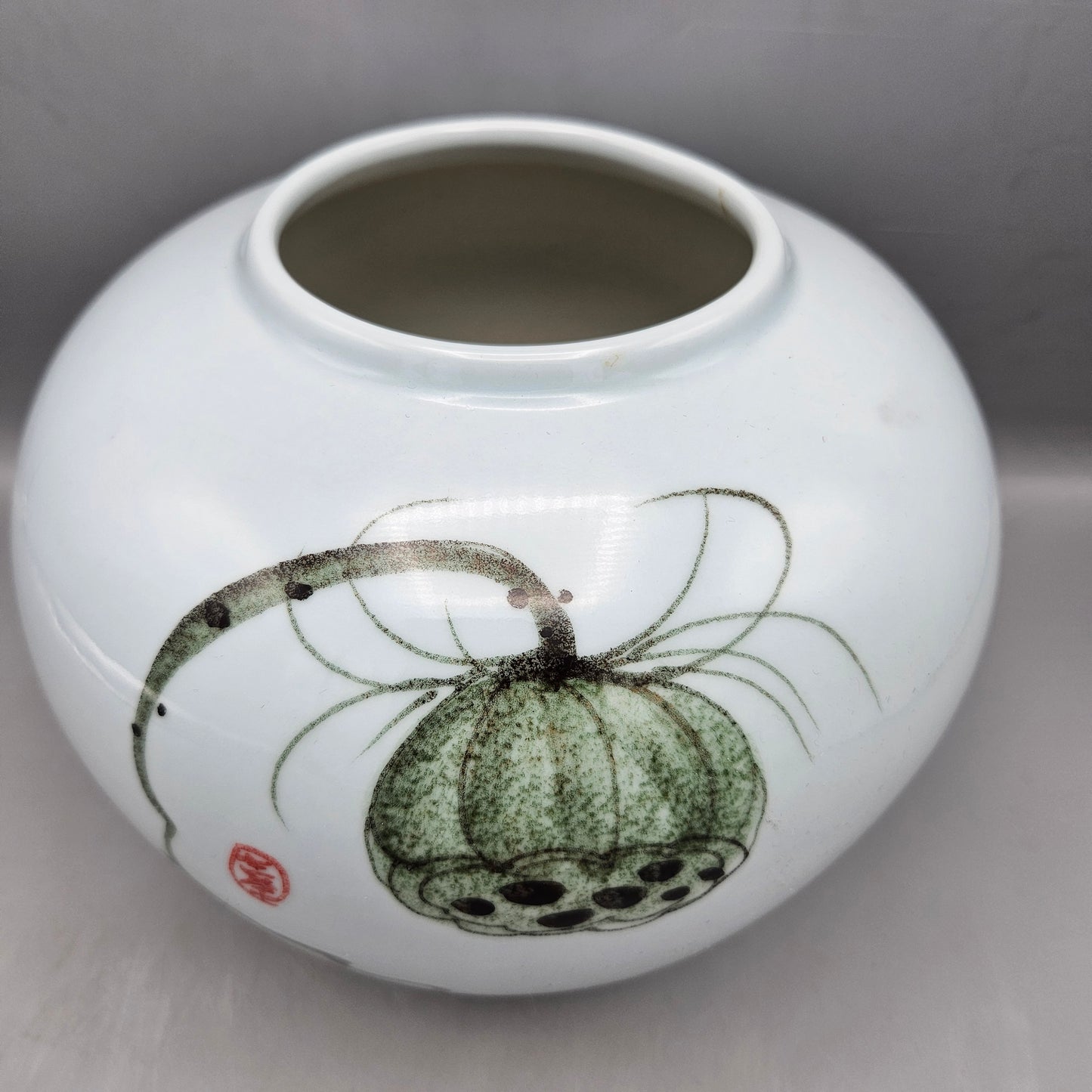 Signed Chinese Porcelain Vase with Lotus Seed Head