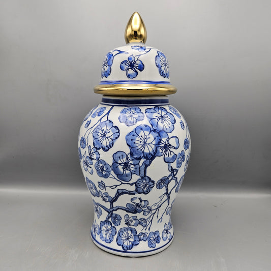 Chinese Blue & White and Gold Porcelain Lidded Ginger Jar