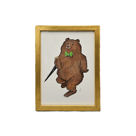 John Laughlin Gouache on Artist Board Bear with Bow Tie and Umbrella Framed Original Artwork Illustration