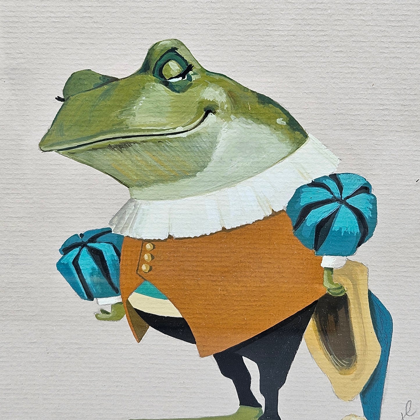 John Laughlin Gouache on Artist Board Frog in Cavalier Outfit Framed Original Artwork Illustration