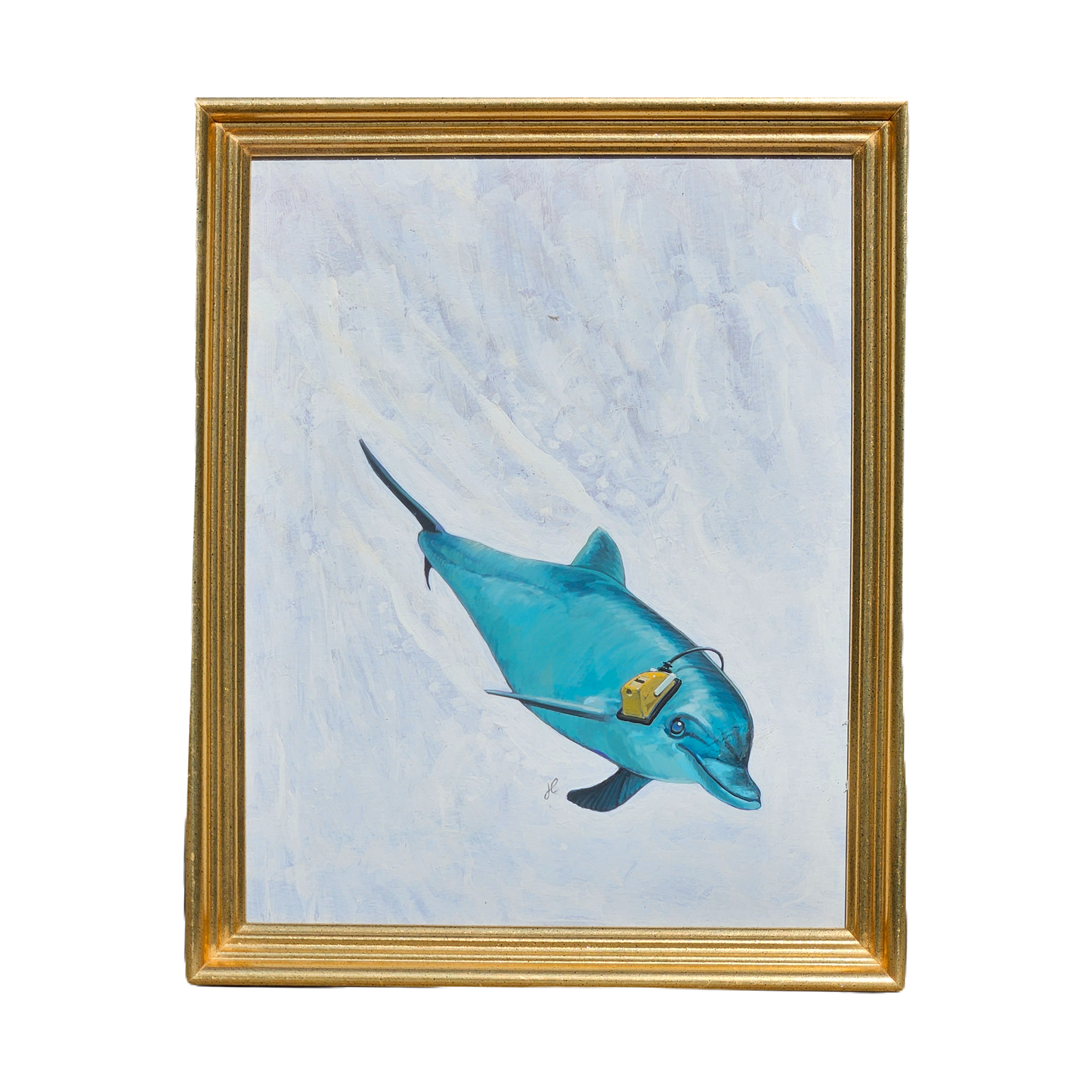 John Laughlin Gouache on Artist Board Dolphin with Ear Protection Framed Original Artwork Illustration