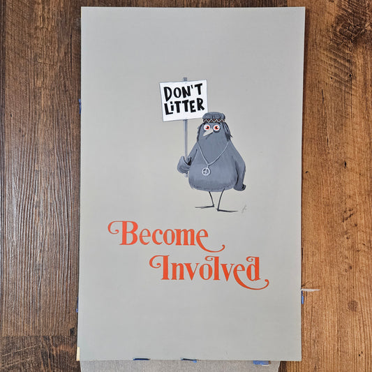 John Laughlin Gouache on Artist Board "Become Involved" Anti-Littering Hippie Pigeon Unframed Original Artwork Illustration