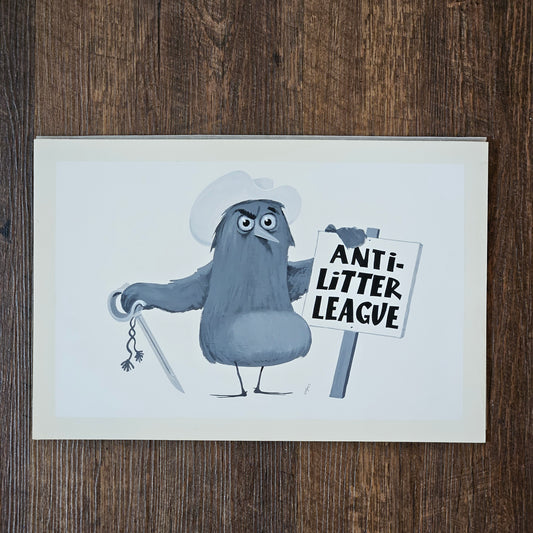 John Laughlin Gouache on Artist Board "Anti-Litter League" with Pigeon Unframed Original Artwork Illustration