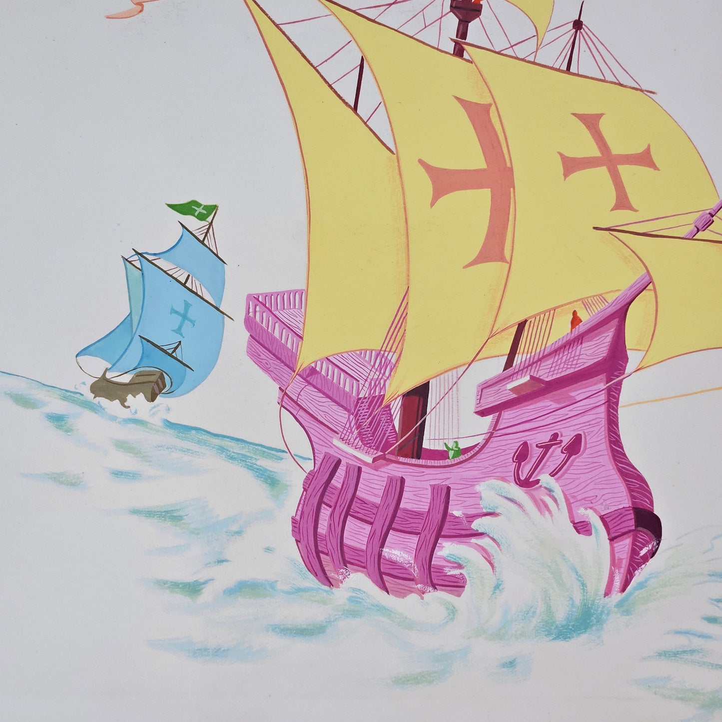 John Laughlin Gouache on Artist Board Nina Pinta and Santa Maria Ships Unframed Original Artwork Illustration