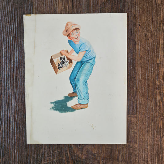 John Laughlin Gouache on Artist Board Boy with Box of Cats Unframed Original Artwork Illustration