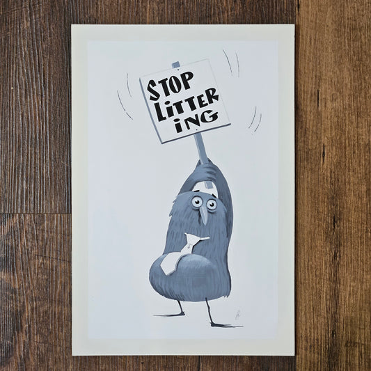 John Laughlin Gouache on Artist Board "Stop Littering" Artwork with Pigeon Unframed Original Artwork Illustration