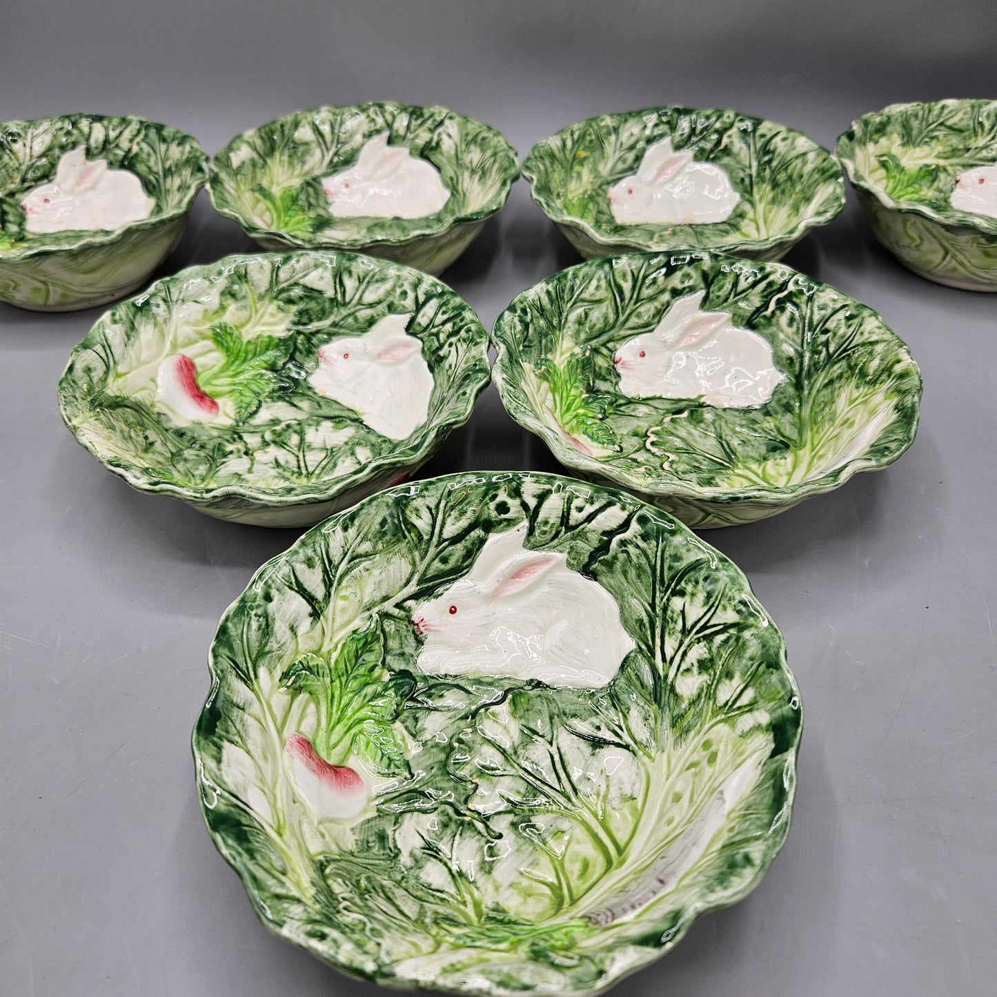 Shafford Rabbit Patch Majolica Soup Bowls - Set of Seven