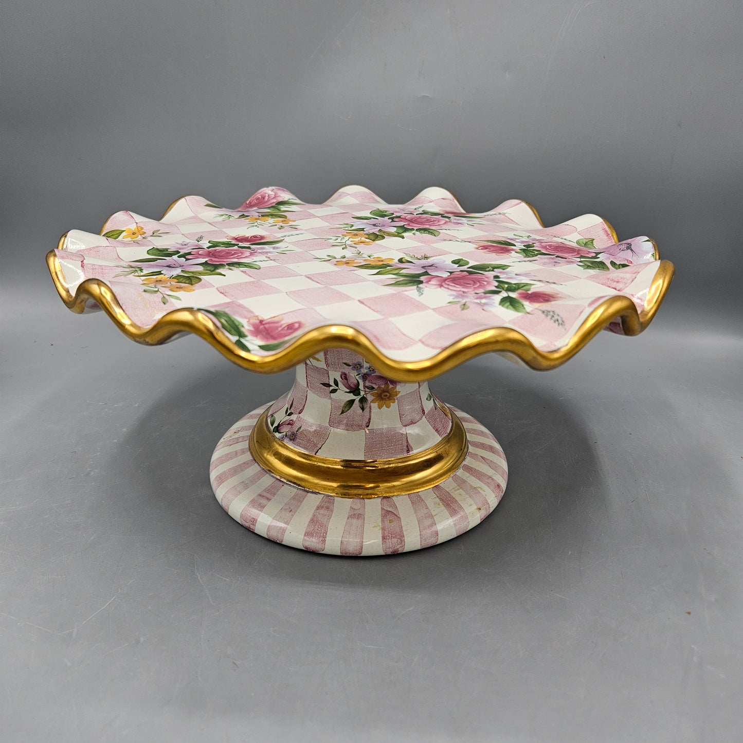 Mackenzie Childs Pink Honeymoon Footed Cake Plate