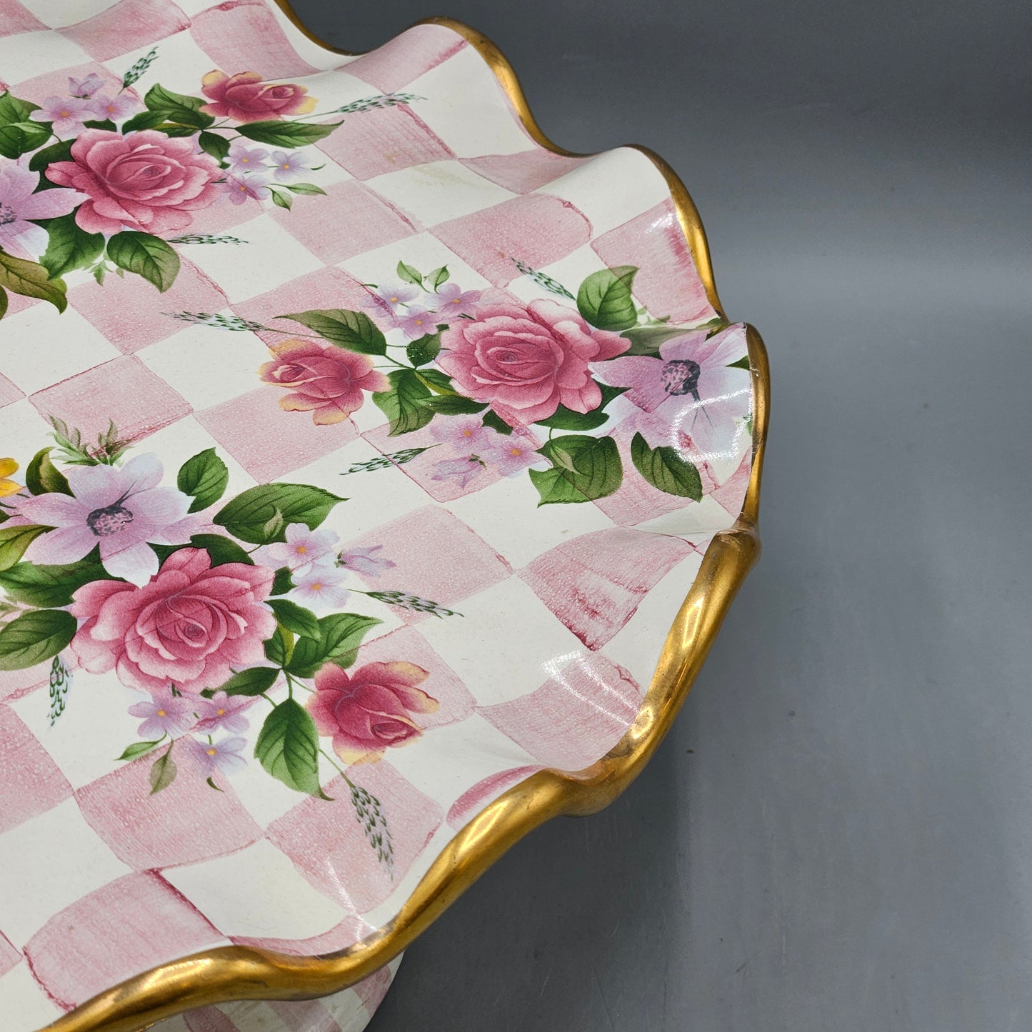 Mackenzie Childs Pink Honeymoon Footed Cake Plate