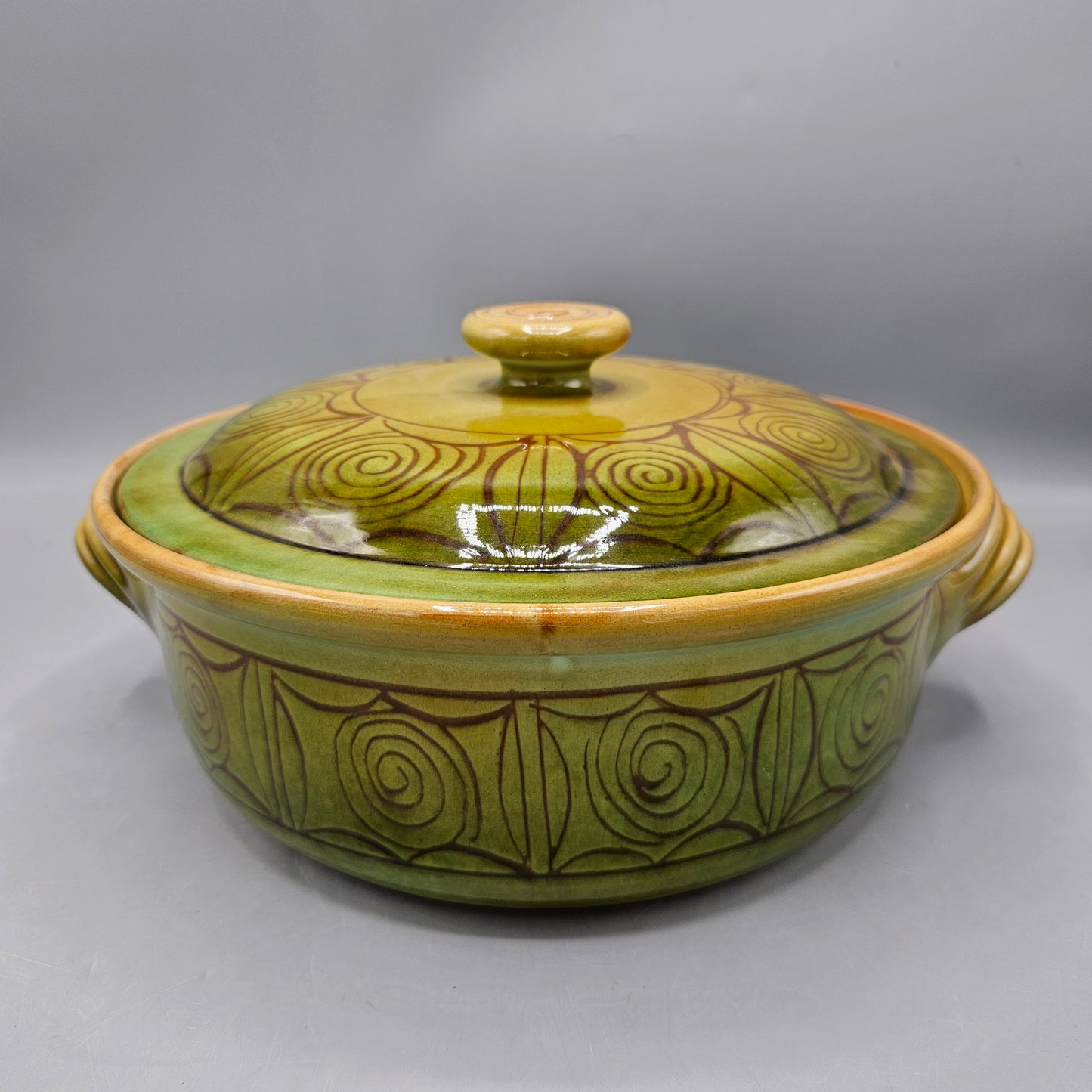 Green Hand-Decorated Duriez Pottery Lidded Casserole