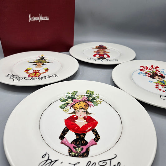 Neiman Marcus Happy Shoppers Porcelain Plates - Set of Four Boxed