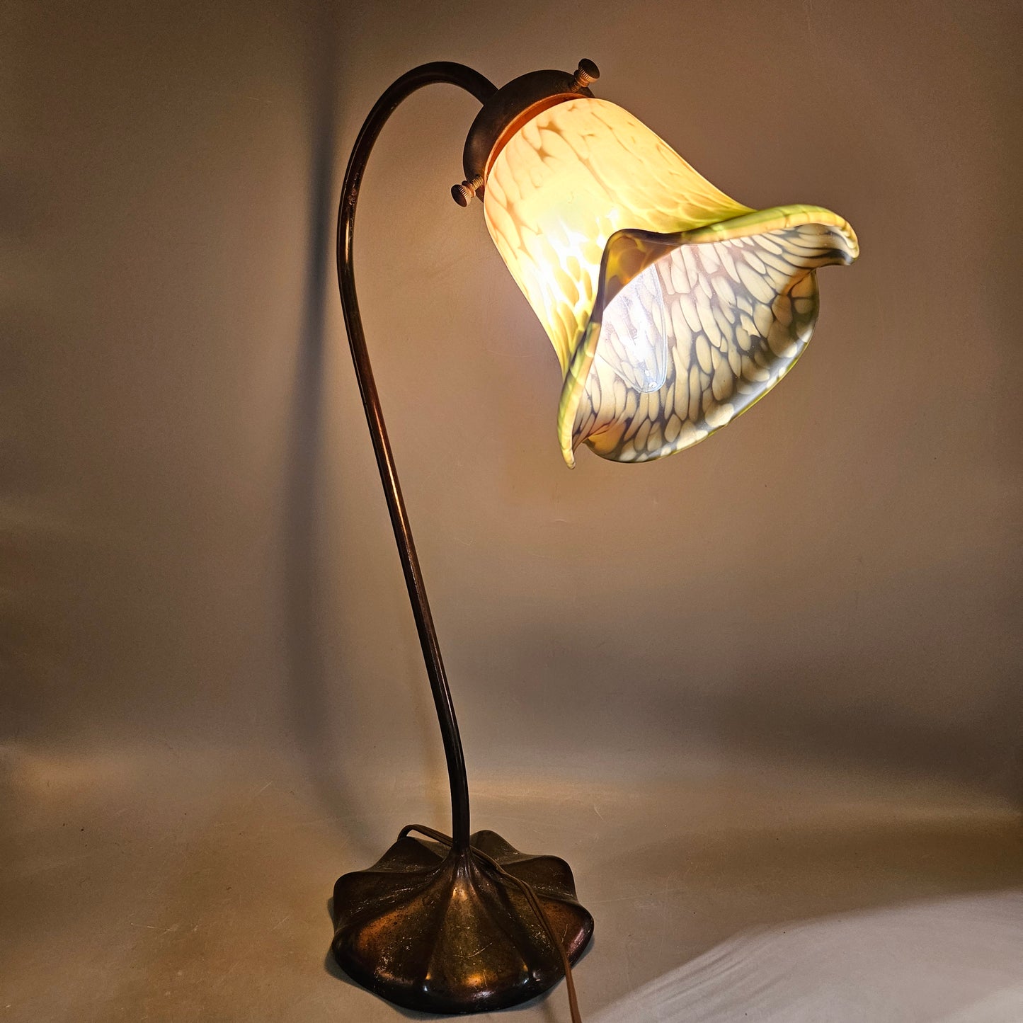 1981 John Cook Lily Table Lamp with Art Glass Shade